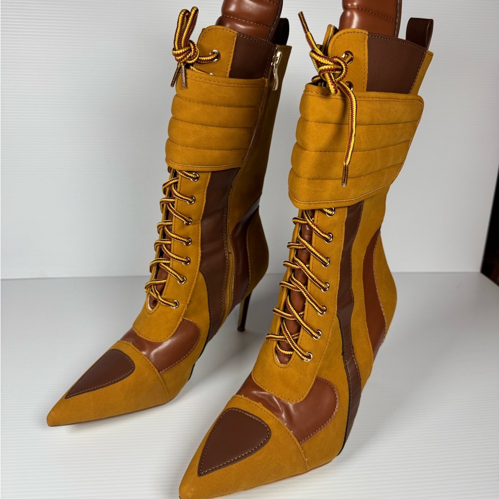Liliana Mustard Yellow and Brown Lace-Up Pointed Stiletto Ankle Boots